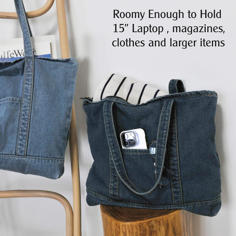 HOXIS Light Weight Soft Denim Tote Unisex Shopper Shoulder Handbag (Navy) - Image 4